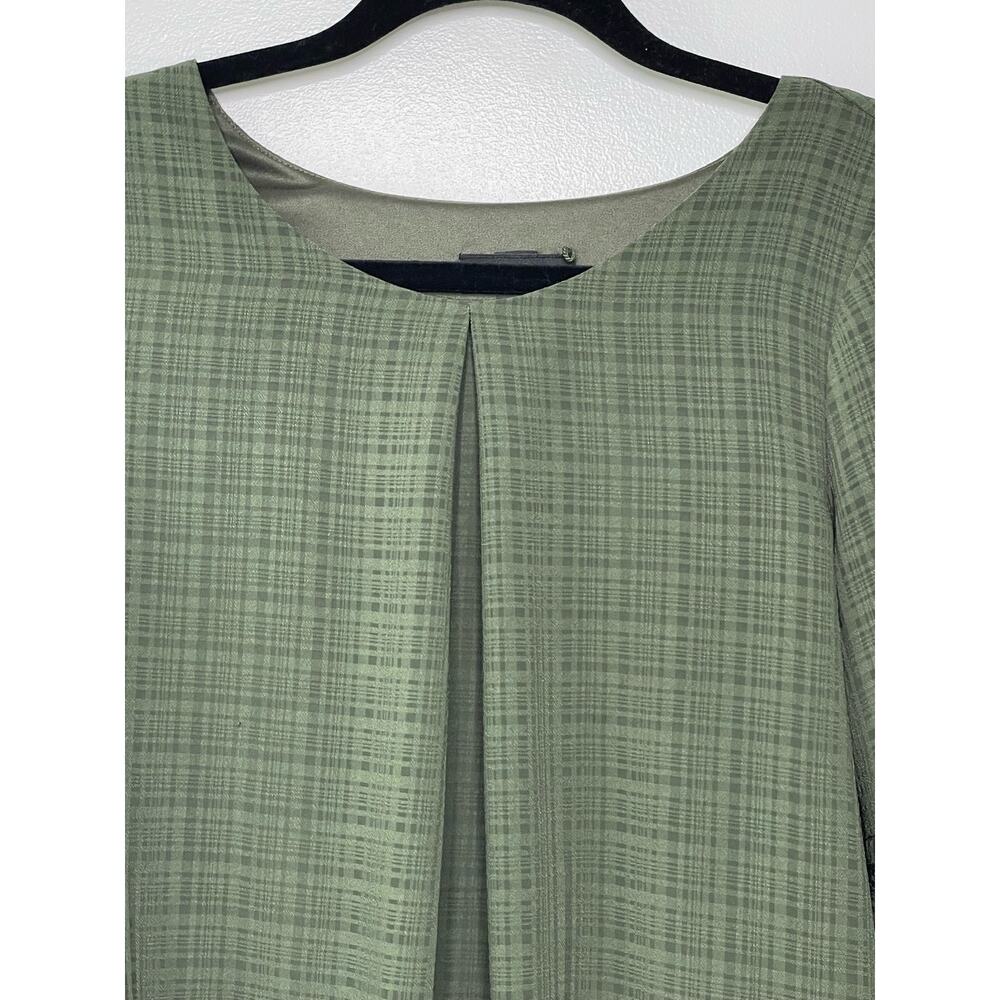 Alyx Blouse Pleated Front Plaid Bell Sleeve Elastic Hem Round Neck Green Medium - Picture 3 of 11